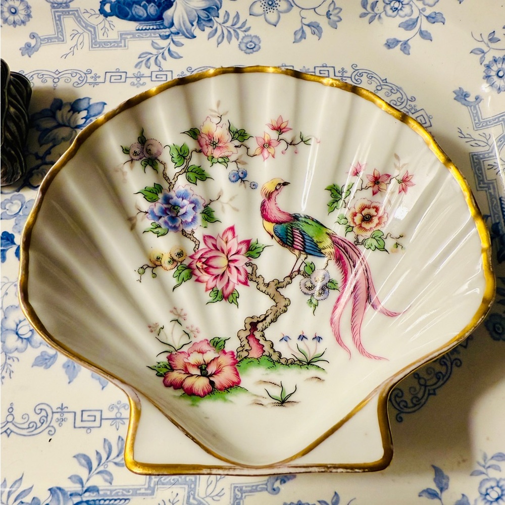 Vintage Limoges France Shell Gold Rimmed Pheasant Trinket Dish